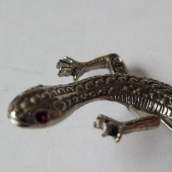 VTG Lizard Pin Brooch Silver-Tone Red Glass Eyes 3.25" Unique Delicate BoHo Cool - Picture 10 of 11